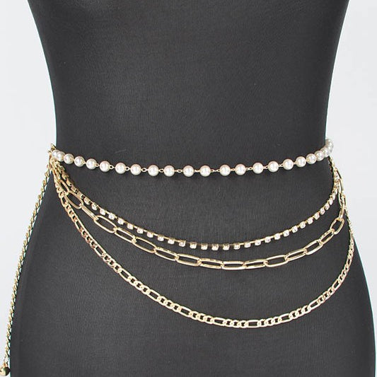 Rhinestone Pearl Station Layered Chain Belt