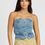 BUTTON FRONT DENIM BUSTIER TOP