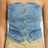 BUTTON FRONT DENIM BUSTIER TOP