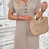 Quarter Button V-Neck Short Sleeve Dress