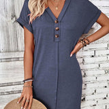 Quarter Button V-Neck Short Sleeve Dress