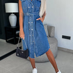 Collared Cap Sleeve Denim Dress