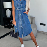 Collared Cap Sleeve Denim Dress