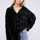 Wrinkle Effect Tiered Shirring Velvet Shirt