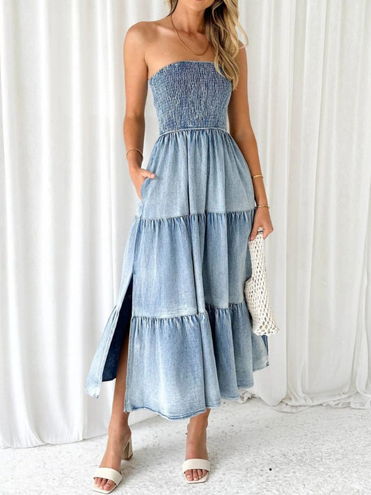 Tube Top Tiered Denim Dress with Slit