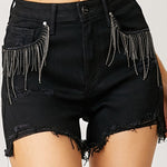 Frayed Hem Denim Shorts with Fringe Detail Pockets