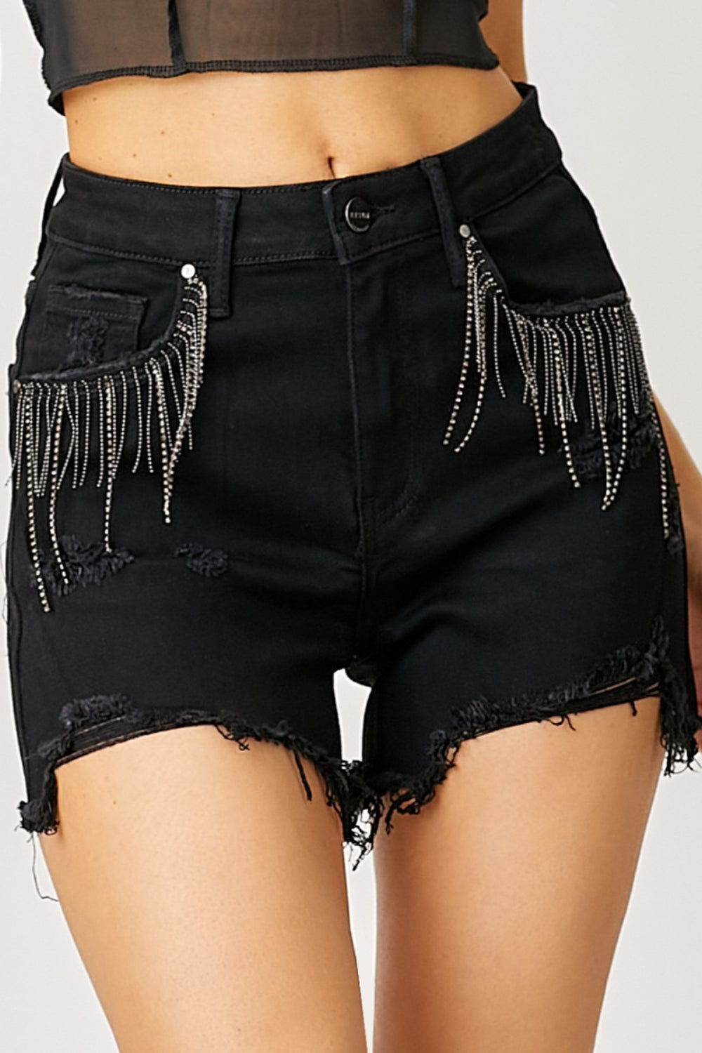 Frayed Hem Denim Shorts with Fringe Detail Pockets