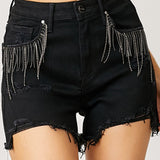 Frayed Hem Denim Shorts with Fringe Detail Pockets