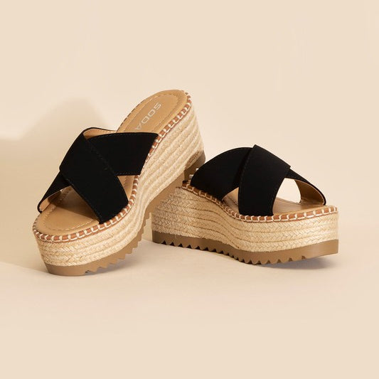 Raffia Crisscross Platform Slides