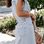 Distressed Half Button Cap Sleeve Denim Dress