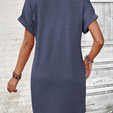 Quarter Button V-Neck Short Sleeve Dress