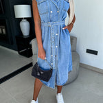 Collared Cap Sleeve Denim Dress