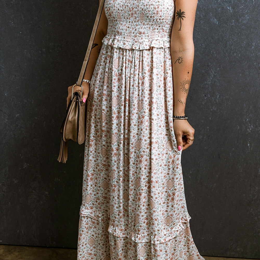 Ruffled Smocked Printed Sleeveless Maxi Dress