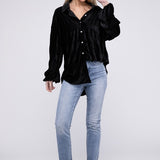 Wrinkle Effect Tiered Shirring Velvet Shirt