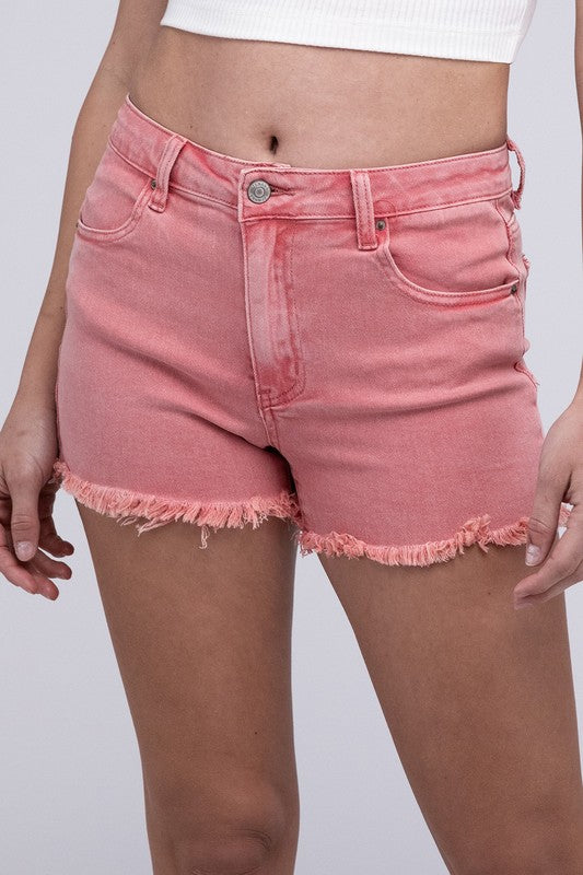 Pink Acid Washed Frayed Cutoff Hem Shorts