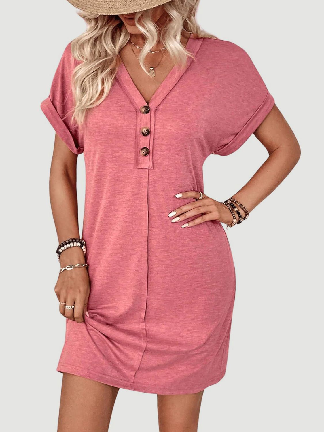 Quarter Button V-Neck Short Sleeve Dress