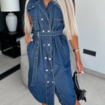 Collared Cap Sleeve Denim Dress