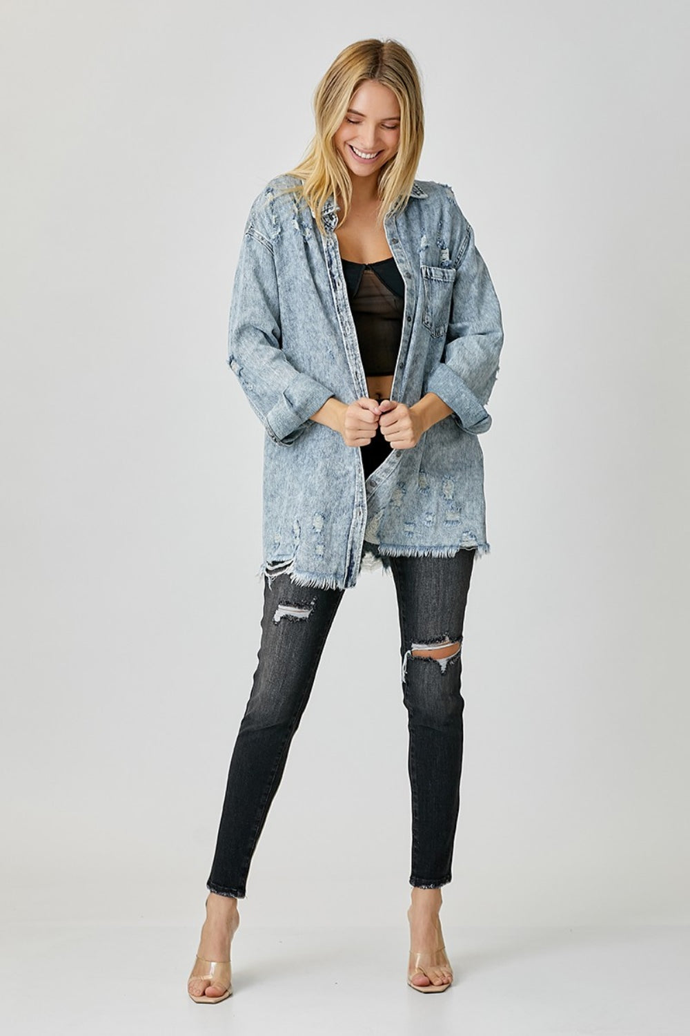 Distressed Raw Hem Denim Shirt