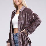 Wrinkle Effect Tiered Shirring Velvet Shirt