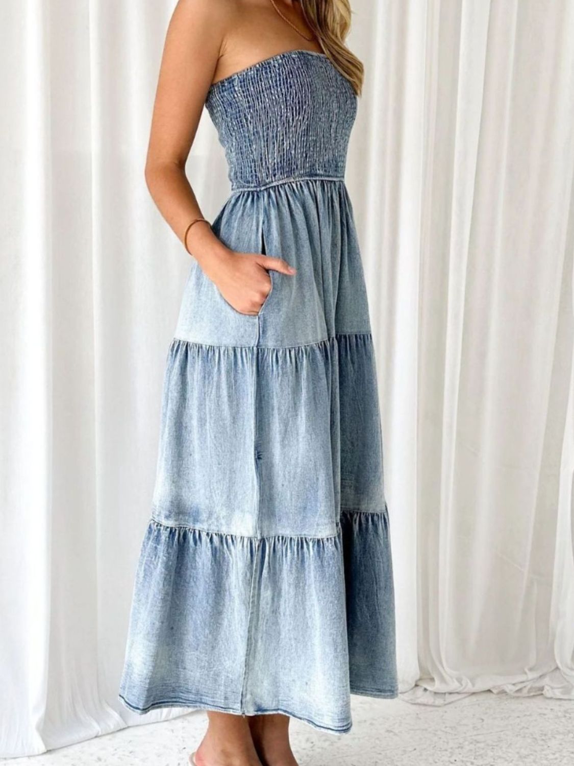 Tube Top Tiered Denim Dress with Slit