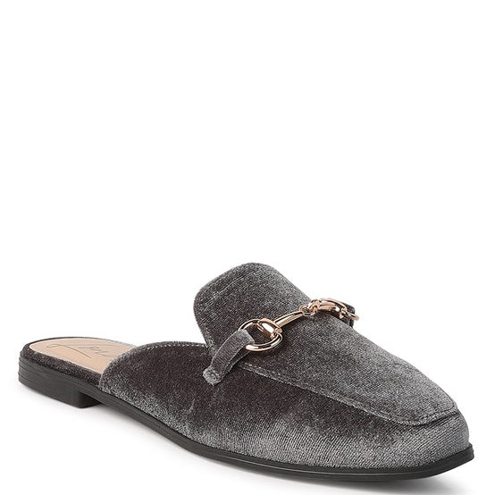 Velvet Buckled Flat Mules