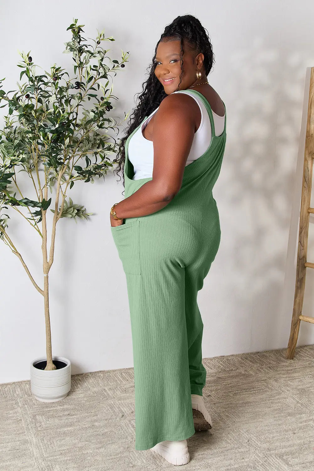Double Take Full Size Wide Strap Overall with Pockets in Green backside