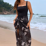 Square Neck Printed One-Piece Swimwear and Matching Cover Up Swim Set in Black