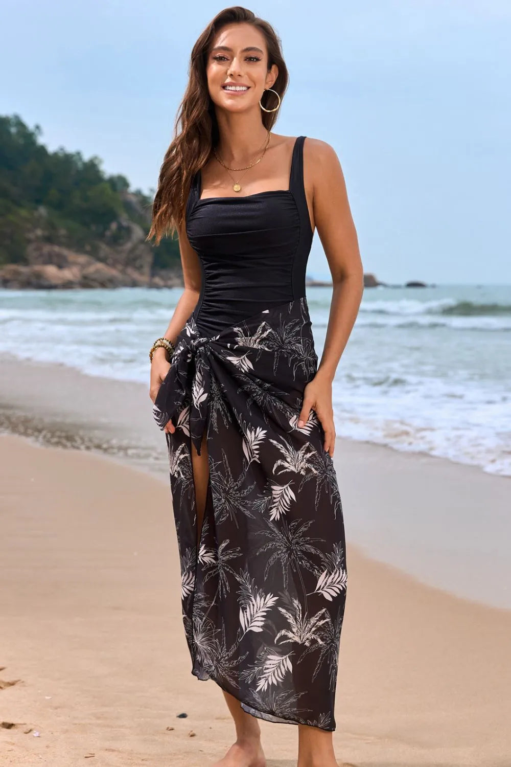 Square Neck Printed One-Piece Swimwear and Matching Cover Up Swim Set in Black