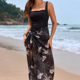 Square Neck Printed One-Piece Swimwear and Matching Cover Up Swim Set in Black