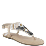 Pink, black and beige flat sandals with Aztec-style hand-beaded T-strap uppers, adjustable ankle buckle and cushioned footbed, boho summer women’s footwear.
