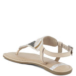 Pink, black and beige flat sandals with Aztec-style hand-beaded T-strap uppers, adjustable ankle buckle and cushioned footbed, boho summer women’s footwear.