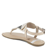 Pink, black and beige flat sandals with Aztec-style hand-beaded T-strap uppers, adjustable ankle buckle and cushioned footbed, boho summer women’s footwear.