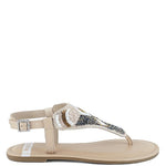 Pink, black and beige flat sandals with Aztec-style hand-beaded T-strap uppers, adjustable ankle buckle and cushioned footbed, boho summer women’s footwear.