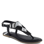 Pink, black and beige flat sandals with Aztec-style hand-beaded T-strap uppers, adjustable ankle buckle and cushioned footbed, boho summer women’s footwear.