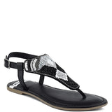 Pink, black and beige flat sandals with Aztec-style hand-beaded T-strap uppers, adjustable ankle buckle and cushioned footbed, boho summer women’s footwear.