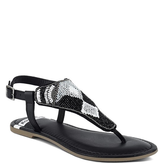 Pink, black and beige flat sandals with Aztec-style hand-beaded T-strap uppers, adjustable ankle buckle and cushioned footbed, boho summer women’s footwear.