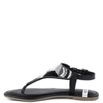 Pink, black and beige flat sandals with Aztec-style hand-beaded T-strap uppers, adjustable ankle buckle and cushioned footbed, boho summer women’s footwear.