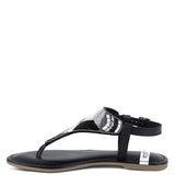 Pink, black and beige flat sandals with Aztec-style hand-beaded T-strap uppers, adjustable ankle buckle and cushioned footbed, boho summer women’s footwear.