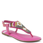 Pink, black and beige flat sandals with Aztec-style hand-beaded T-strap uppers, adjustable ankle buckle and cushioned footbed, boho summer women’s footwear.