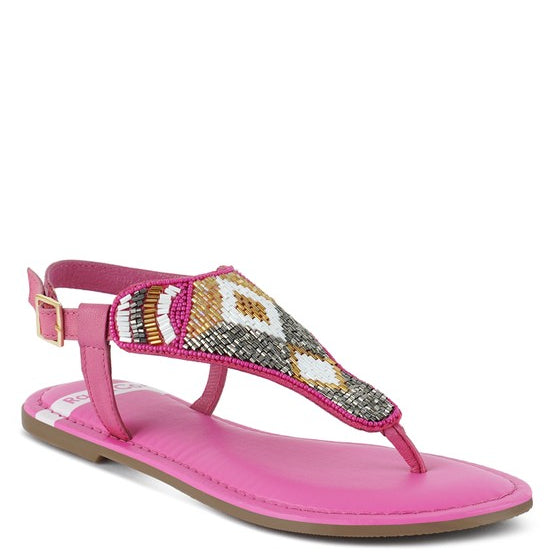 Pink, black and beige flat sandals with Aztec-style hand-beaded T-strap uppers, adjustable ankle buckle and cushioned footbed, boho summer women’s footwear.