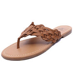 Women's woven faux leather thong sandals with braided strap design and cushioned tan sole, available in black, brown, white, and beige – casual summer footwear.