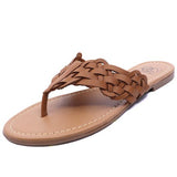 Women's woven faux leather thong sandals with braided strap design and cushioned tan sole, available in black, brown, white, and beige – casual summer footwear.