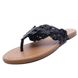 Women's woven faux leather thong sandals with braided strap design and cushioned tan sole, available in black, brown, white, and beige – casual summer footwear.
