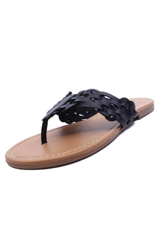 Women's woven faux leather thong sandals with braided strap design and cushioned tan sole, available in black, brown, white, and beige – casual summer footwear.
