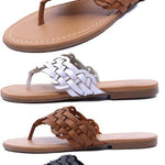 Women's woven faux leather thong sandals with braided strap design and cushioned tan sole, available in black, brown, white, and beige – casual summer footwear.