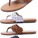 Women's woven faux leather thong sandals with braided strap design and cushioned tan sole, available in black, brown, white, and beige – casual summer footwear.
