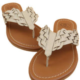 Women's woven faux leather thong sandals with braided strap design and cushioned tan sole, available in black, brown, white, and beige – casual summer footwear.