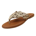 Women's woven faux leather thong sandals with braided strap design and cushioned tan sole, available in black, brown, white, and beige – casual summer footwear.