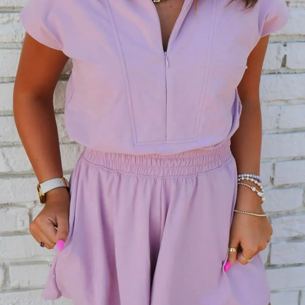 Short Sleeve Zipper Collared Elastic High Waist Romper in pink