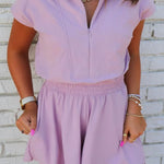 Short Sleeve Zipper Collared Elastic High Waist Romper in pink